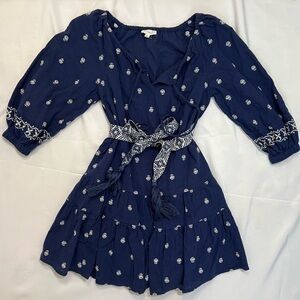 A Loves A Navy and White Embroidered Peasant Sleeve Belted Dress
